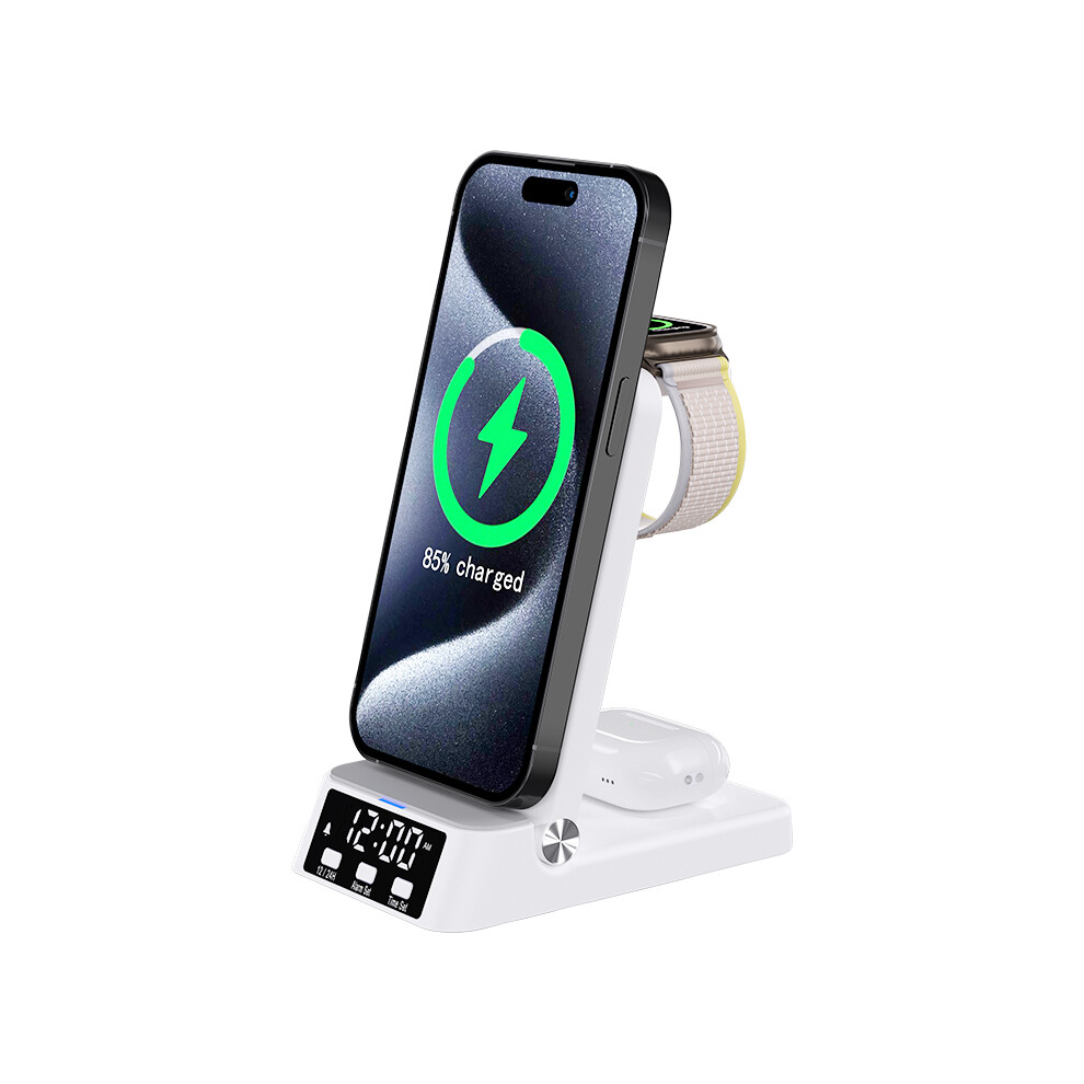 4-In-1 Wireless Charging Stand With Clock 15W, White/Black 4601333655323