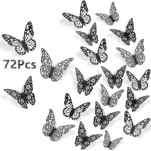 72 pcs 3D black butterfly wall stickers - removable &amp;amp; reusable, sparkly