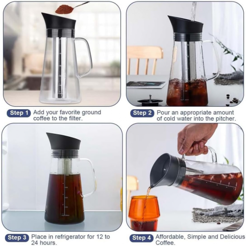 Macchina per caffè freddo, macchina per caffè freddo, brocca per tè freddo, caffettiera in vetro resistente e coperchio ermetico da 1,2 l 2