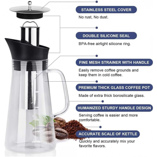 Macchina per caffè freddo, macchina per caffè freddo, brocca per tè freddo, caffettiera in vetro resistente e coperchio ermetico da 1,2 l 1