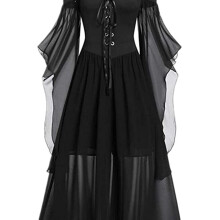 (Black, 22) Women's Gothic Steampunk Dress Plus Size - Elegant Off-Shoulder Boat Neck with Fly Sleeves & Front Lacing, Layered Ruffled Hem