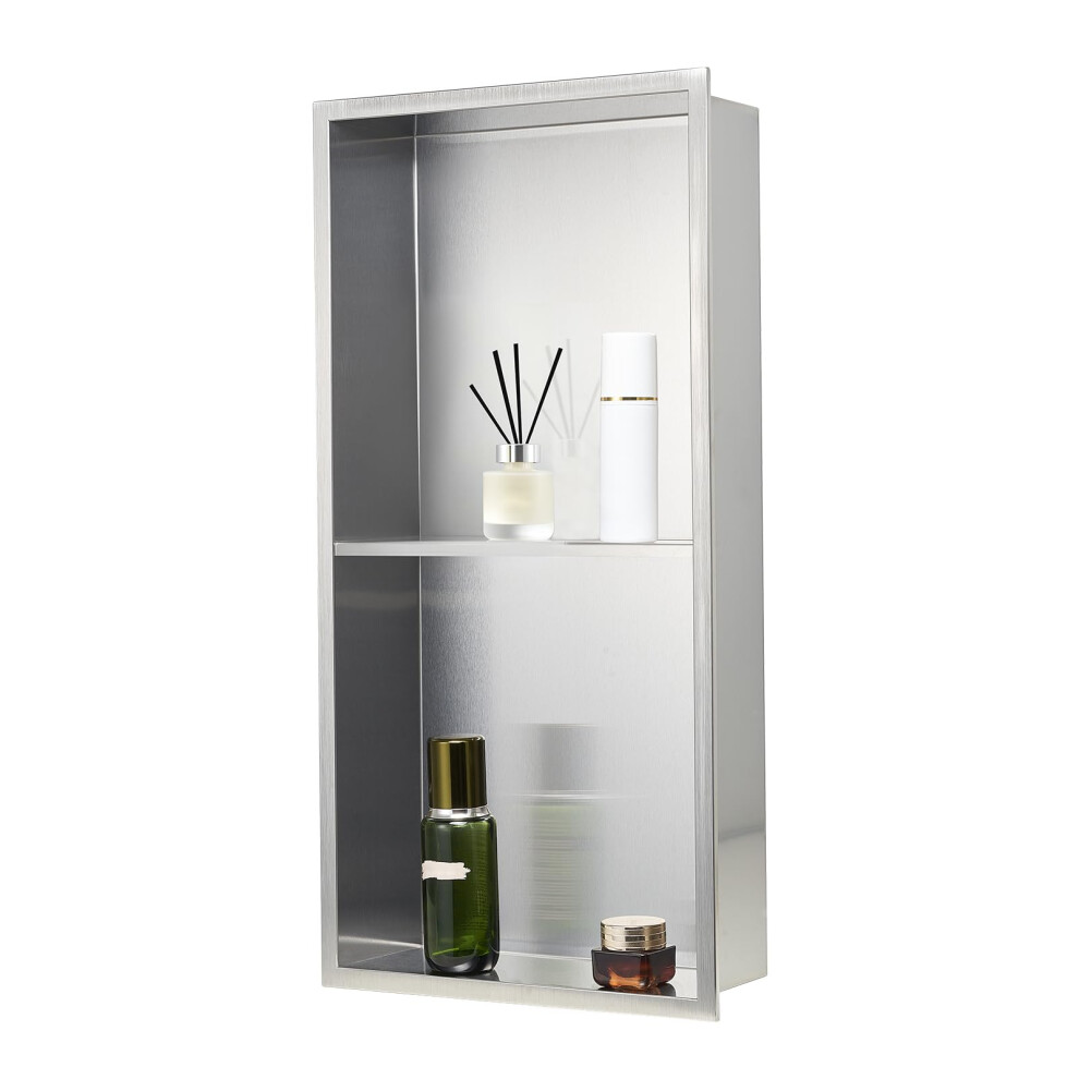 VEVOR Shower Niche, 33.0 x 63.5 x 10.2 cm Recessed Wall Niche Double-layer, with Hollowed-out Divider, Heavy-duty Stainless Steel Modern Shampoo