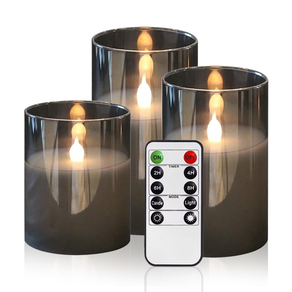 KOOSREEL LED Flameless Flickering Candles, 3 Pack Silver Grey Glass Battery Operated Candles with Remote, 3D Wick Realistic Warm Light LED Fake-image-OPC-PJCGJNM-NEW