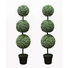 Floralcraft? Pair of Artificial Box Topiary 3 Ball Trees in Weighted Black Pots 118cm (4ft) Tall Triple Trio