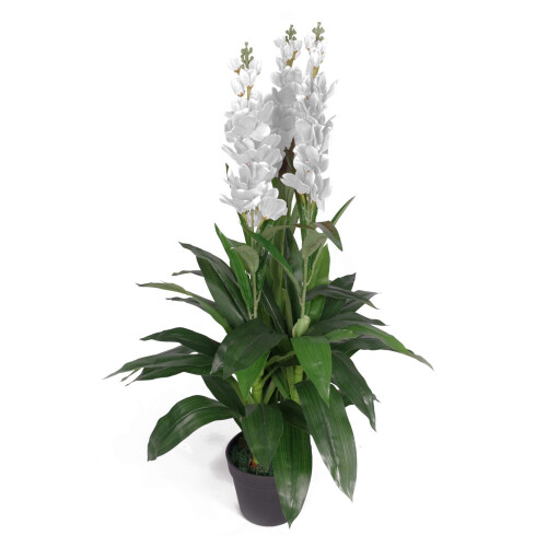 Leaf Leaf LEAF-7241 90cm Artificial Cymbidium Orchid Plant-Extra Large Black Plastic Pot Design UK, White