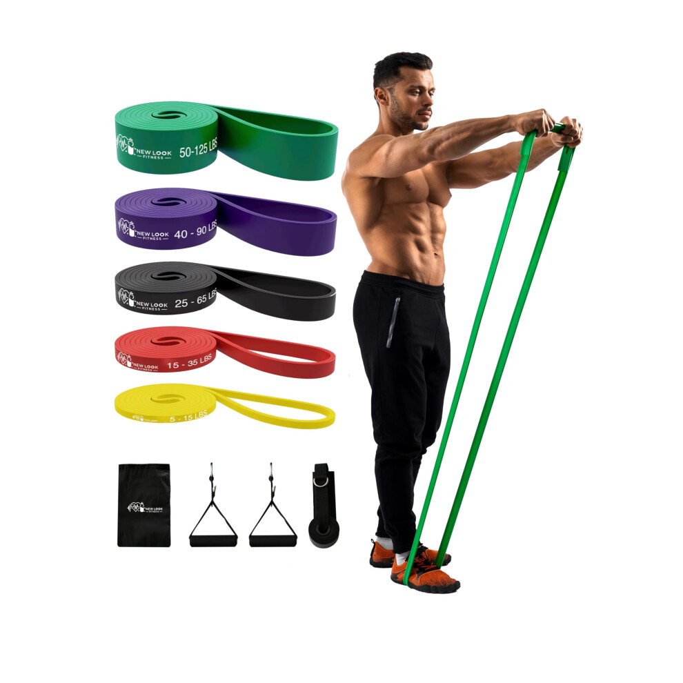 New Look Fitness Resistance Bands Set Of 5 ? Stackable Exercise Bands 10?125 Lbs With Handles, Door Anchor, Bag & Guide ? Heavy Duty Latex Fitness Bands For Home Gym,