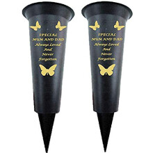 Set of 2 Special Mum & Dad Memorial Graveside Spiked Flower Vase with Gold Lettering Butterfly Decoration Durable Plastic, Weatherproof and