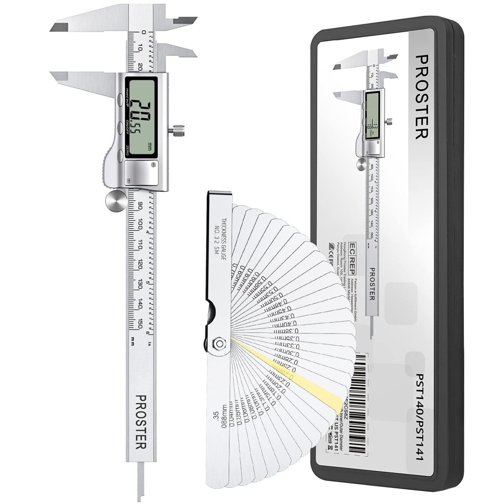 Proster Vernier Caliper Kit 150Mm/6Inch Digital Vernier Caliper With Feeler Gauge Fractions/Inch/Metric Measuring Tool For Length Width Depth Diameter