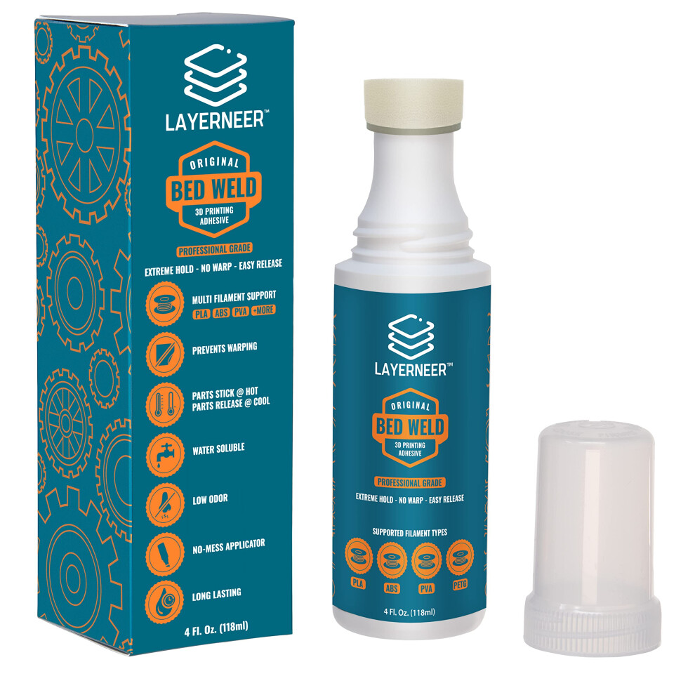 Layerneer 3D Printer Adhesive Glue Bed Weld Original, Strong Grip Reduces Warping For Abs, Asa, Pla, And Petg Filament On Compatible Heated Build Plates, 118Ml,