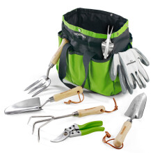 WORKPRO 8-Piece Garden Tools Set, Stainless Steel Hand Tools with Wooden Handle, Including Gloves, Trowel, Weeder, Hand fork, Hand Rake, Transplanter,