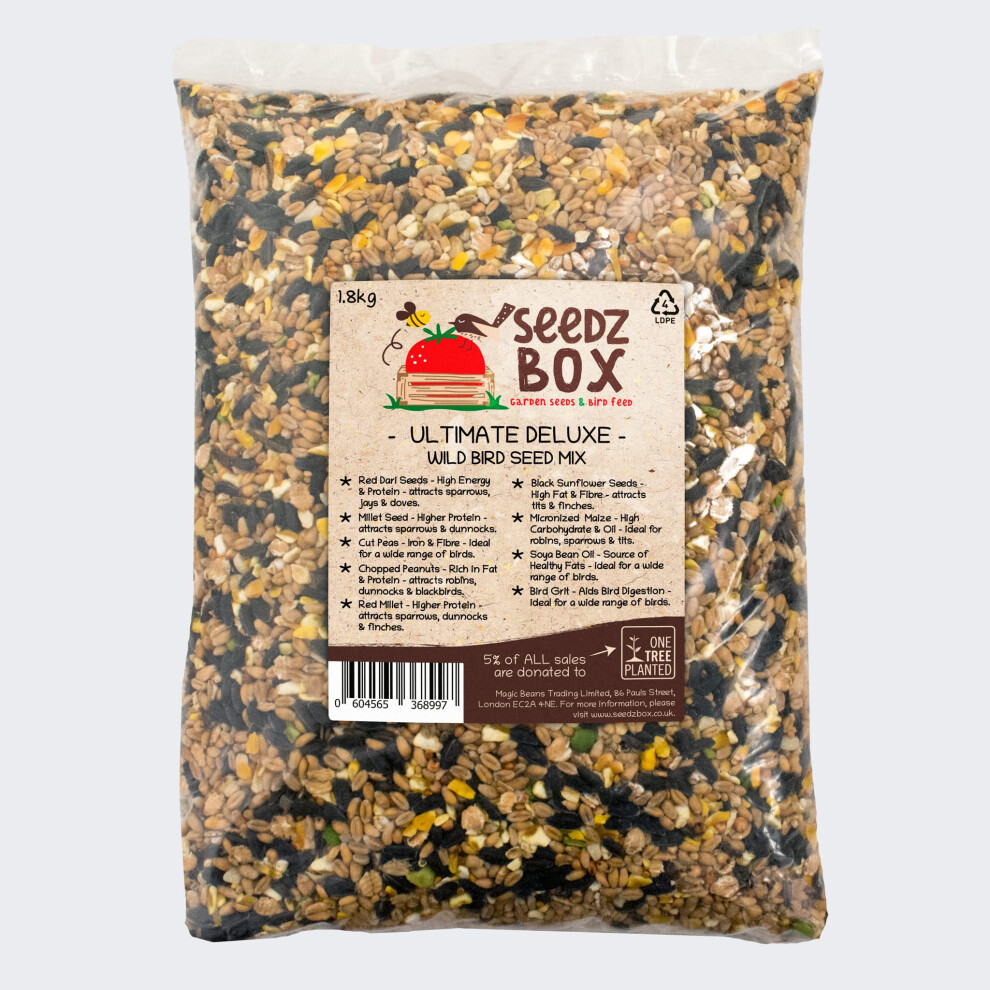 Bird Food Seed Feed Mix For Small Wild Garden Birds 1.8kg - SeedzBox Deluxe Grain & Nut Blend - Natural Food For Robins Blackbirds Sparrows - Millet
