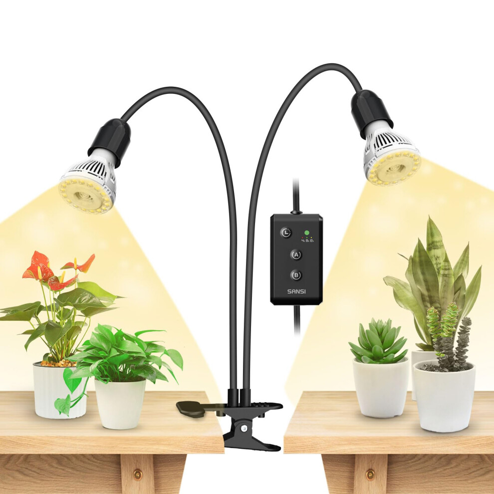 SANSI 300W LED Grow Lights, 2-Head Full Spectrum LED Plant Lamp with Clip, 4000K Sunlike, Timer 4/8/12 Hrs for Indoor Seedlings Germination (Lifetime-image-OPC-PJCGX85-NEW