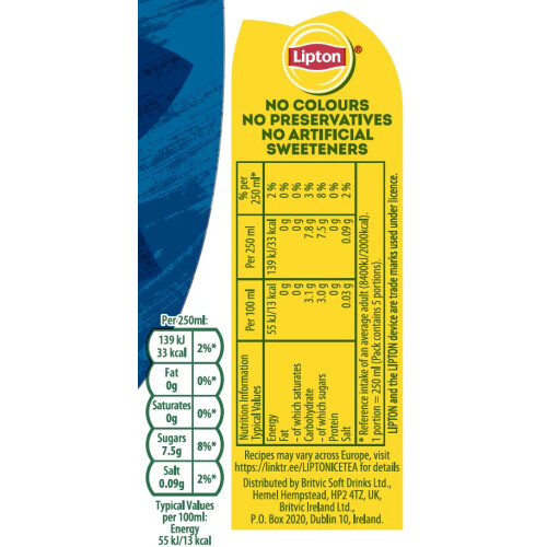 Lipton Lemon Bottled Ice Tea 1.25 L, low calorie soft drink, 100% black tea extract 1