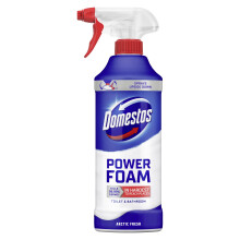 Domestos Power Foam Arctic Fresh Toilet & Bathroom Cleaner Spray sprays upside down & eliminates 99.99% of germs* for cleaning inside the toilet & ar