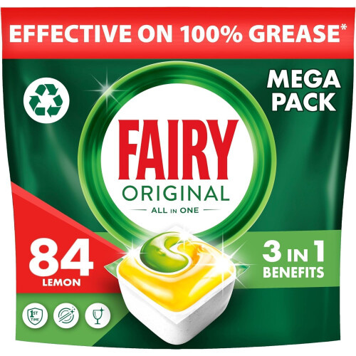 Fairy Fairy Dishwashing Bundle Value Pack, 84 Dishwasher Tablets & Skip the Soak Power Spray Lemon, Trigger + 4x500ml Refill 1