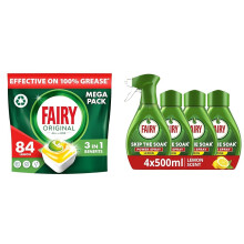 Fairy Dishwashing Bundle Value Pack, 84 Dishwasher Tablets & Skip the Soak Power Spray Lemon, Trigger + 4x500ml Refill