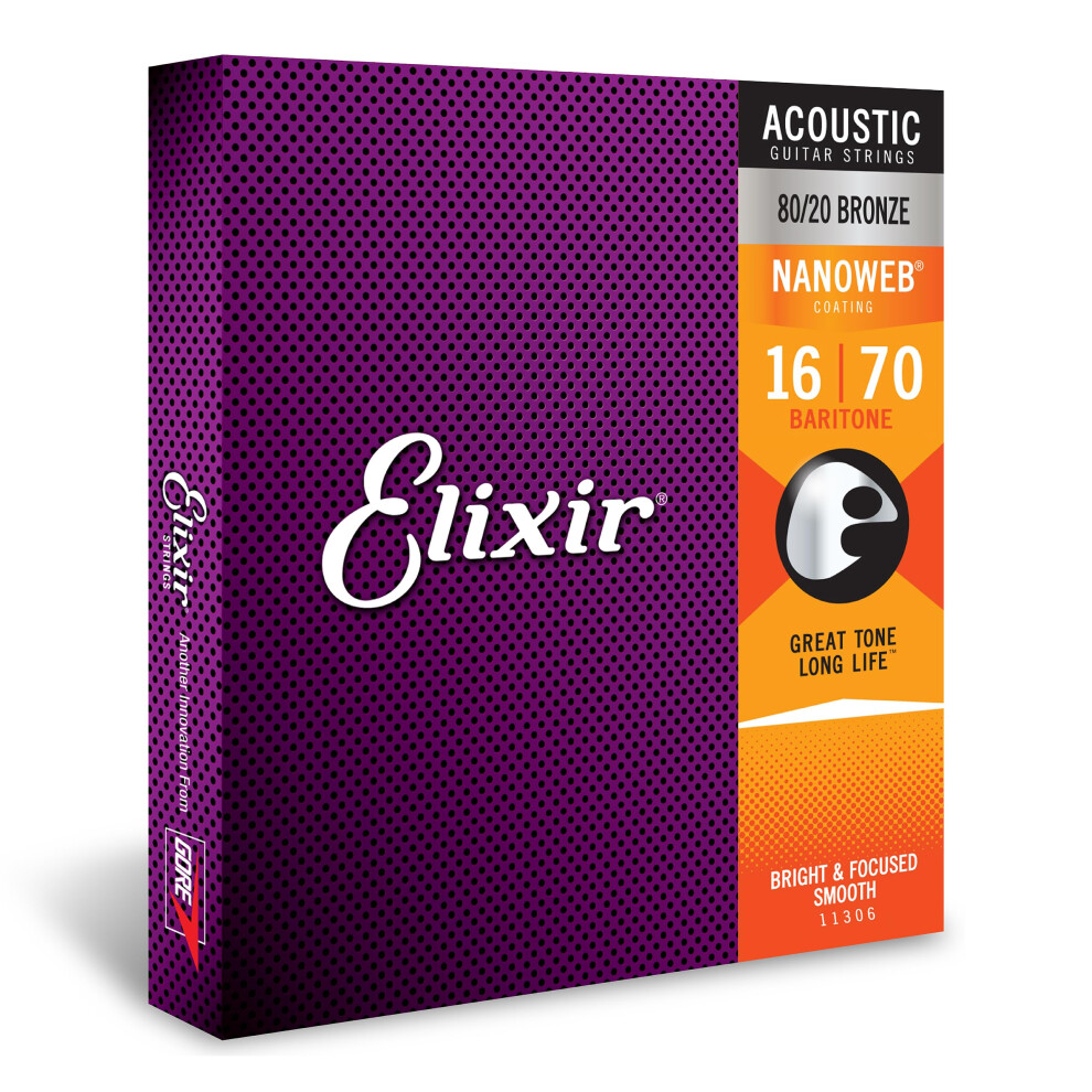 Elixir Strings 80/20 Bronze Acoustic Guitar Strings w NANOWEB Coating, Baritone (.016-.070)