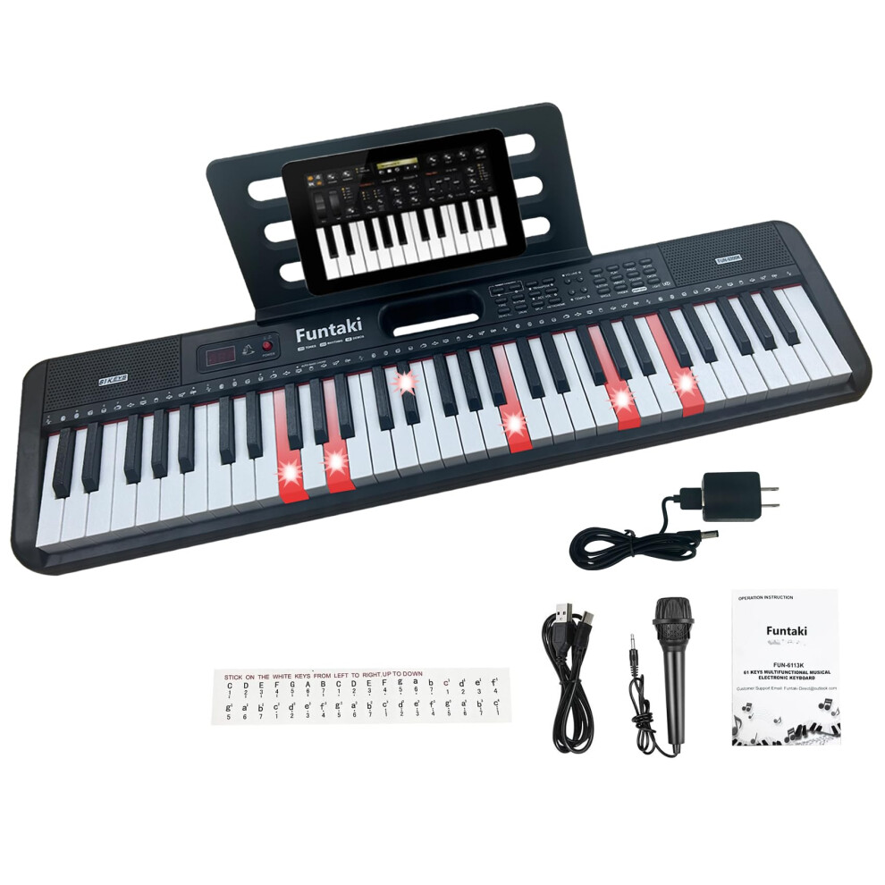 Funtaki 61-Key Electronic Keyboard Piano for Adults with Light Up Keys, 61 Compact Keys Digital Pianos - Perfect Beginner Piano Black