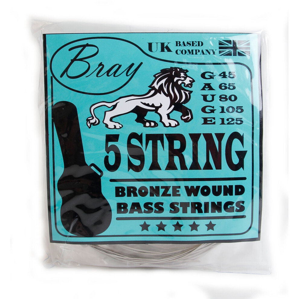 Bray 5 String Bass Guitar Strings (45 - 125) Perfect For Fender, Gibson, Yamaha, Squier & Ibanez Bass Guitars