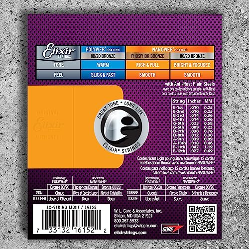 Elixir 16152 Strings Phosphor Bronze 12-String Acoustic Guitar Strings w NANOWEB Coating, Light (.010-.047) 1