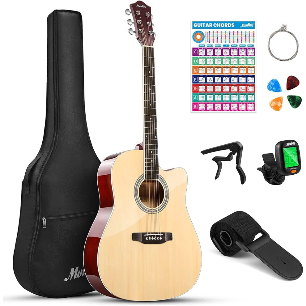 Moukey Acoustic Guitar Full Size Kit for Beginners, 41" Starter Guitarra Acustica with Chord Poster, Gig Bag, Tuner, Steel Strings, Strap(Natural)-image-OPC-PJCH29F-NEW