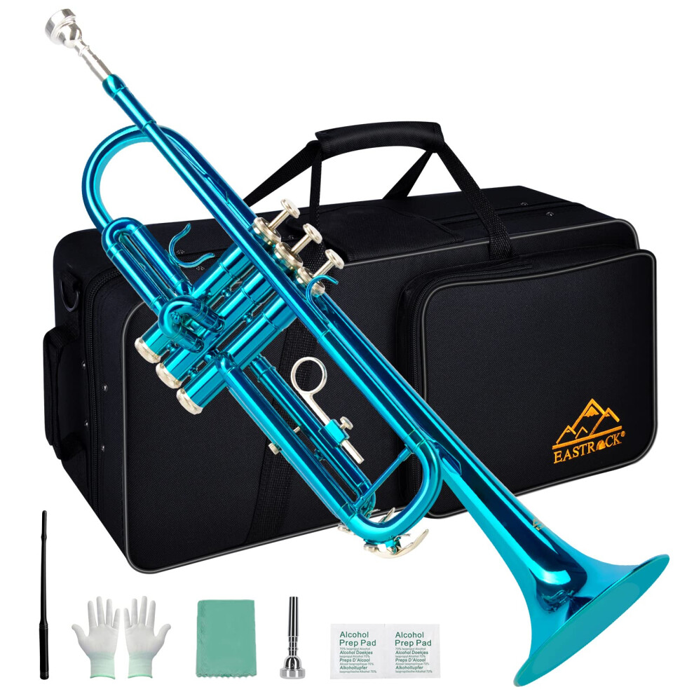EASTROCK Bb Trumpet Standard, Brass Trumpet Instrument with Hard Case, Gloves 7C, Mouthpiece, Cleaning Kit for Student (Sea Blue)
