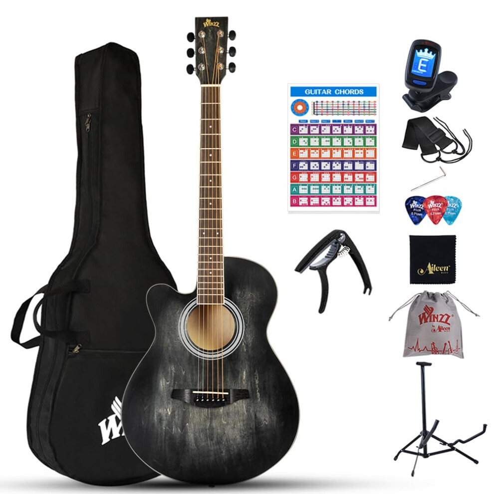 Winzz Left-Handed Guitar Acoustic Western Guitar Black 40 Inch Beginner Set with Pickup, Stand, Pick, Strap, Tuner, Bag