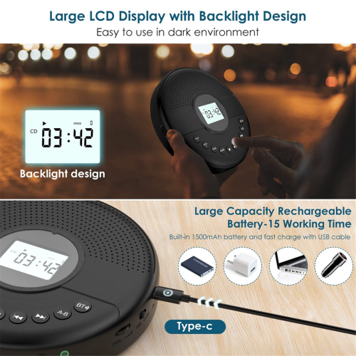 Draagbare cd-speler, Bluetooth cd-speler met dubbele luidspreker 2