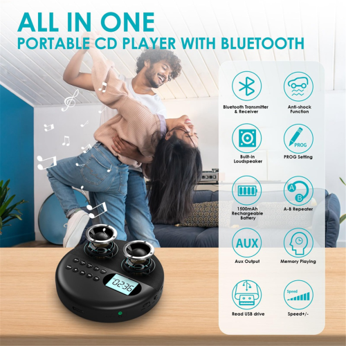 CD Player, Bluetooth CD Player with Speakers Rechargeable CD Player 1