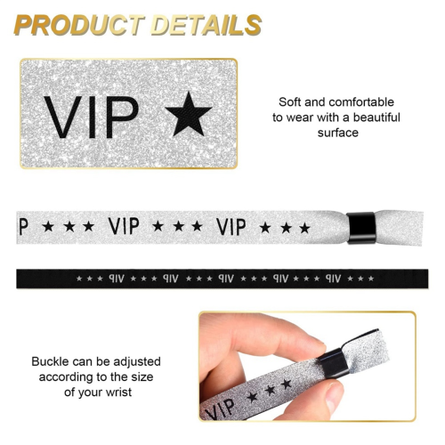 Pacote com 100 pulseiras VIP de tecido para eventos e festas (prateadas) 1