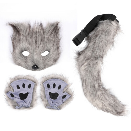 Fuchsschwanz Gesichtsabdeckung Handschuhe Cosplay Set, dunkelgrau 2