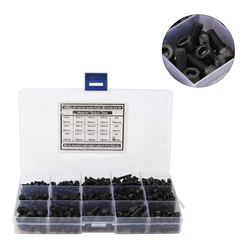 Complete 560Pcs Hex Screw Kit Carbon Steel Cylindrical Head With Nut M3 M4 M5 8791333846060