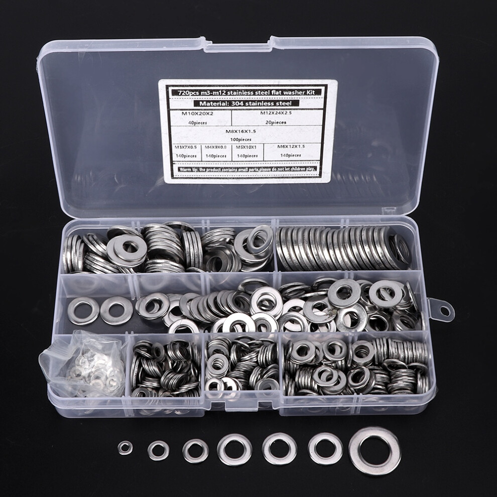 720Pcs Stainless Steel Flat Washer Kit, M3âM12, Silver 9351333853780