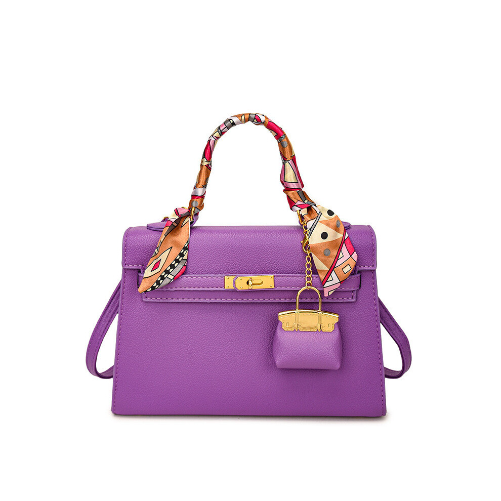 (Purple) Crossbody Simple Shoulder Bag With Scarf Handheld Decor And Lock Closure