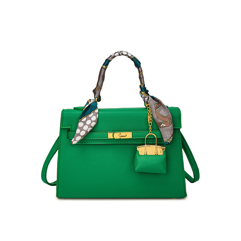 (Green) Crossbody Simple Shoulder Bag With Scarf Handheld Decor And Lock Closure
