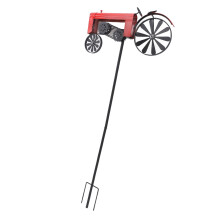 Windspinner Traktor drehende Räder Metall Gartenstab Outdoor Rasen Dekoration Rot
