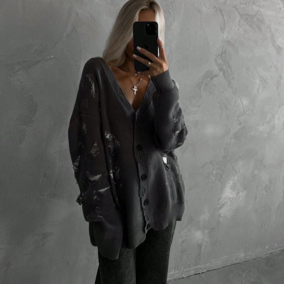 (black, S) New retro style tattered sweater autumn and winter knitted cardigan mid-length women's top-image-OPC-PJCNJTJ-NEW