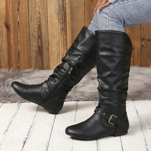 (Black, 40) High Modern Womens Knee Fashion Boots With Trendy Low Heel Round Toe And Resistant Slip Design