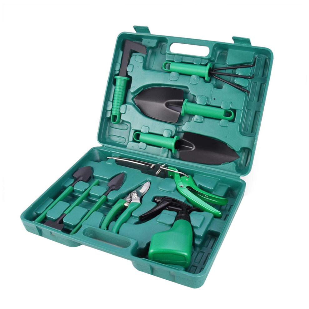 10pcs Stainless Steel Garden Tool Set with Organizer Case, Dark Green