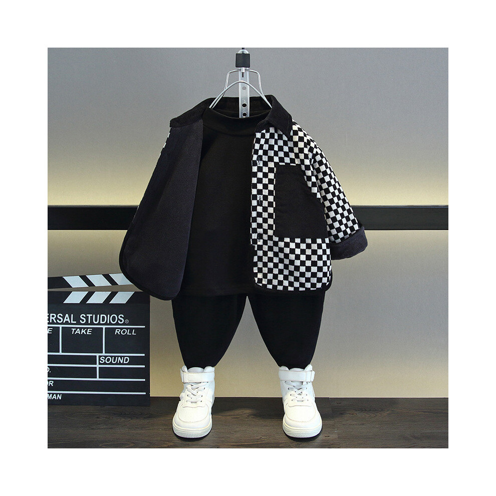 (Black 3Piece, 90cm) Cozy Soft And Boys Winter Outfit Set Featuring Thick Fleece Shirt And Long Pants-image-OPC-PJCPJPS-NEW