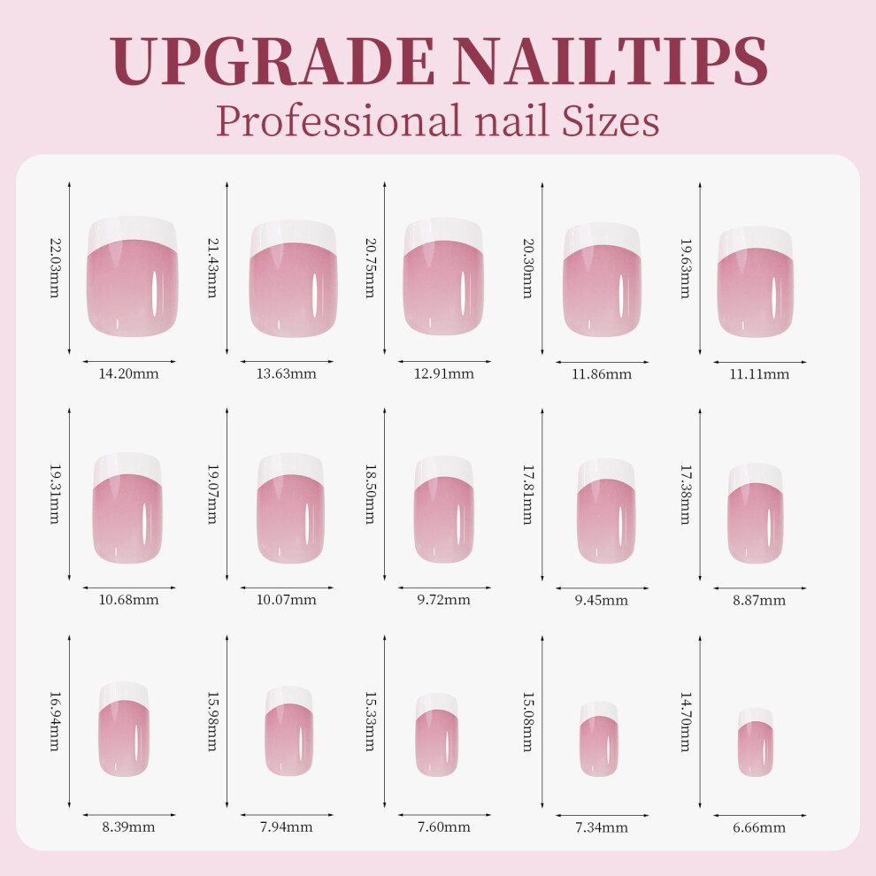 9 Colors French Gel Nail Tips Pre-applied Base & Primer, 15 Sizes, Soft Gel Fake Nails for DIY