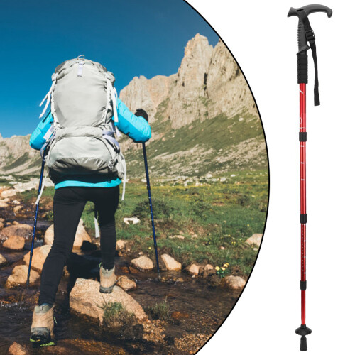 Durable Red Aluminium Trekking Pole with T Handle for Climbing & Camping