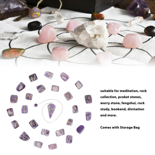 25 pierres de runes en cristal d’améthyste avec pendule 2