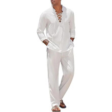 (L, white) 2pcs Set Men's Cotton Linen Shirt And Pants Suits For Men Beach Wear Tracksuit Men Solid Color Shirts Sweatpants Lightweight