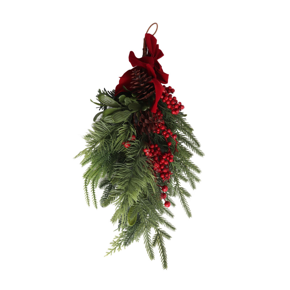 Multifunctional Xmas Hanging Teardrop Swag With Bow & Berries Red
