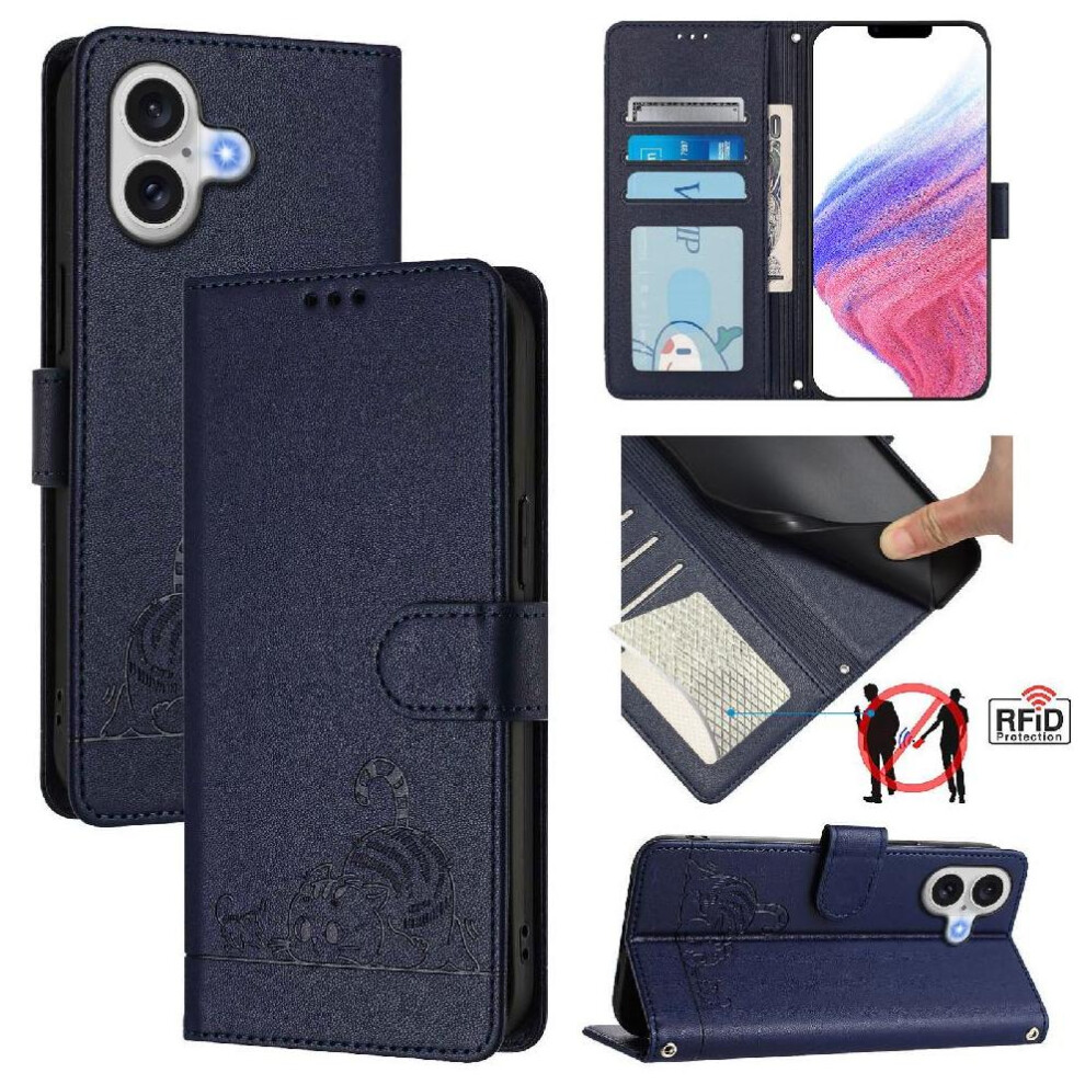(Blue) Case For Iphone 17 Cat Rfid Wallet Flip Cover Card Slot Holder Kickstand Blue 764563142804