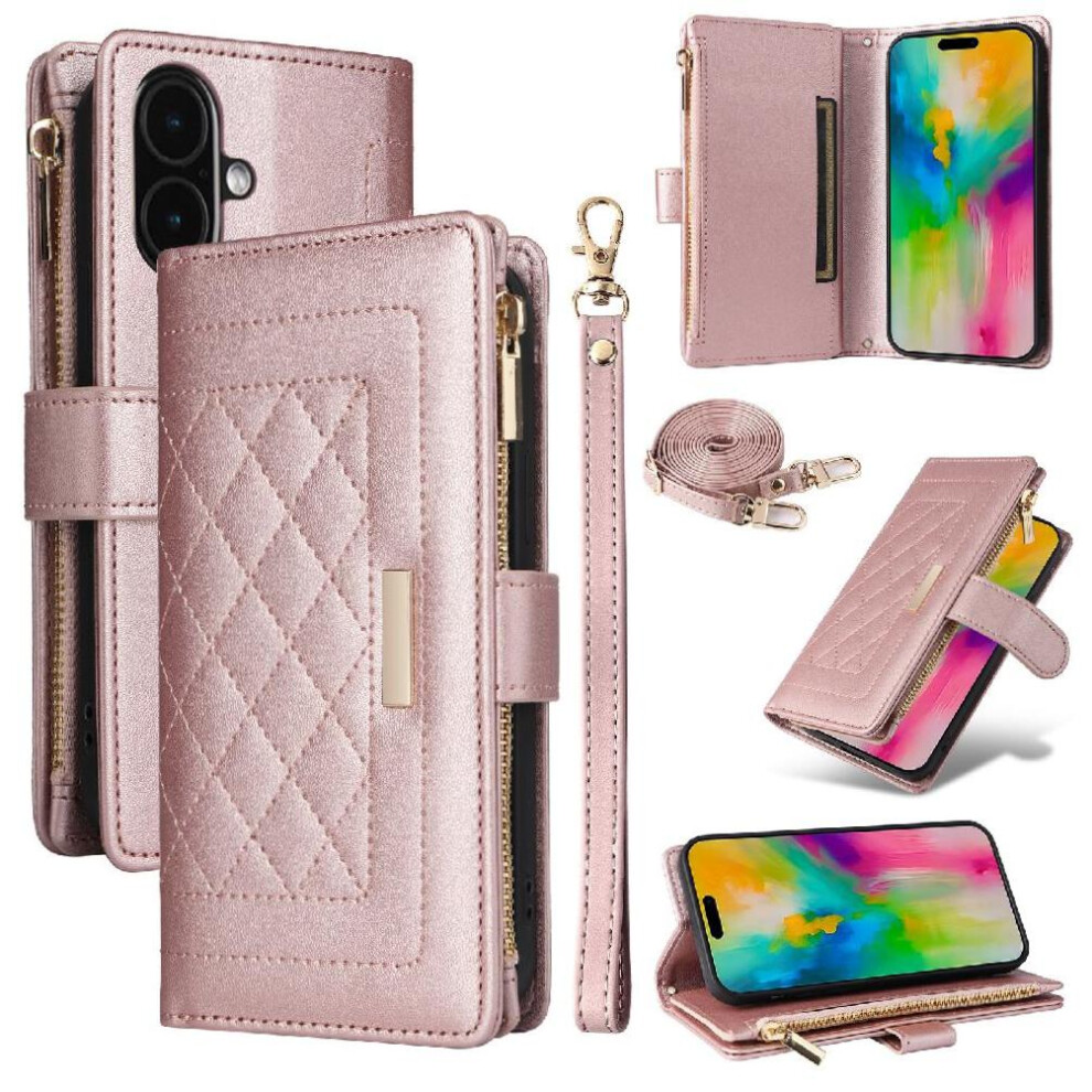 (Rose ) Flip Case For Iphone 17 Wallet Strap Card Slots Shockproof Gold 764563143047