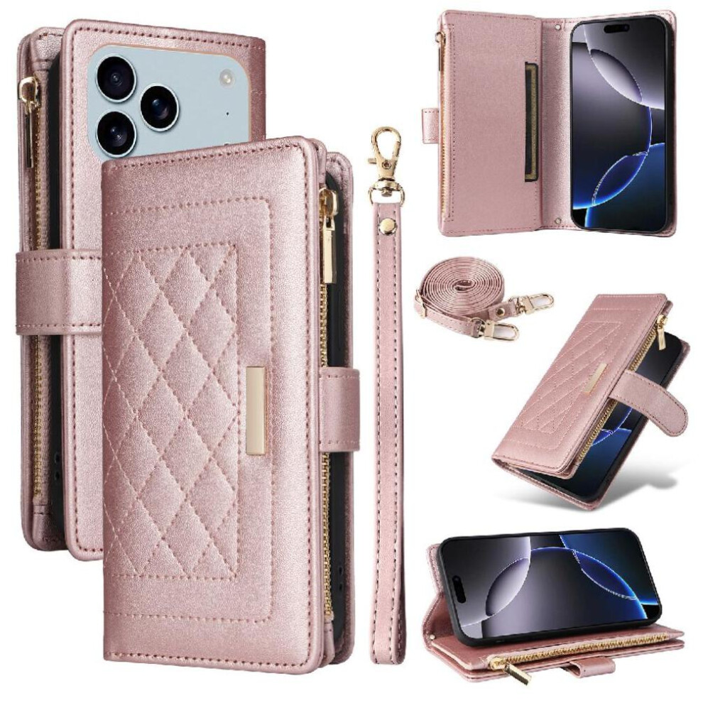 (Rose ) Flip Case For Iphone 17 Pro Max Wallet Shockproof Strap Card Slots Gold 764563143092