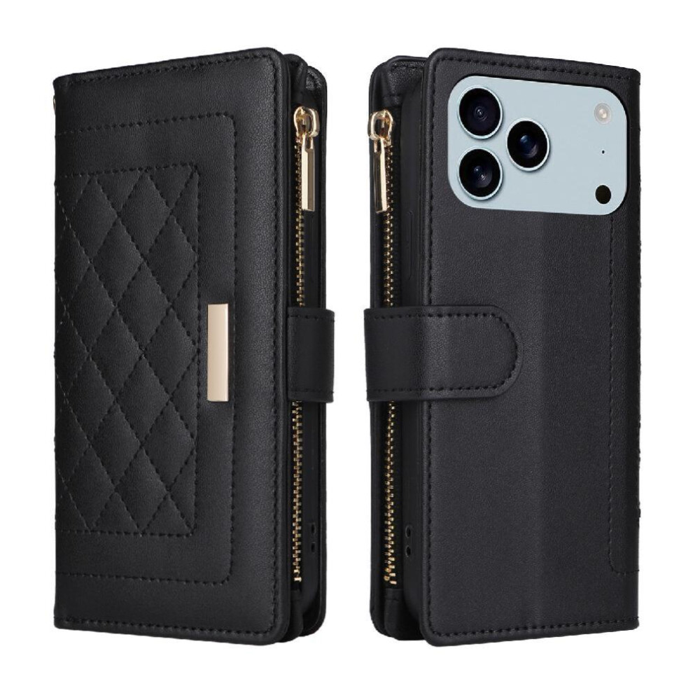 (Black) Flip Case For Iphone 17 Pro Max Wallet Shockproof Strap Card Slots Black 764563143115