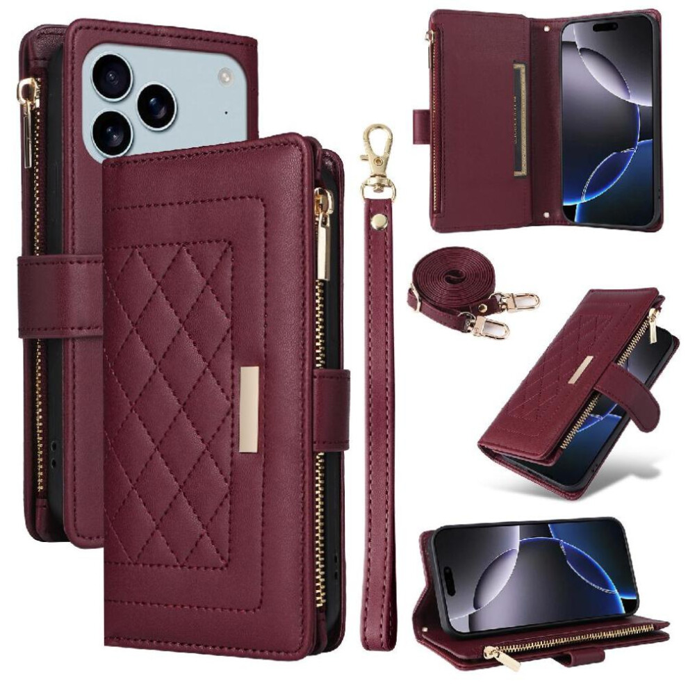 (Red) Flip Case For Iphone 17 Pro Strap Shockproof Card Slots Wallet Red 764563143184